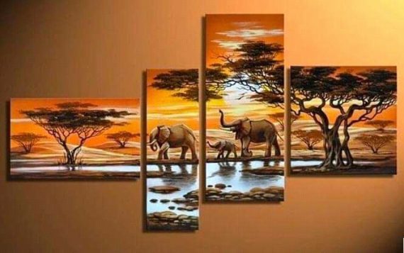 4Series on canvas elephants&Baby Painting wall Hanging