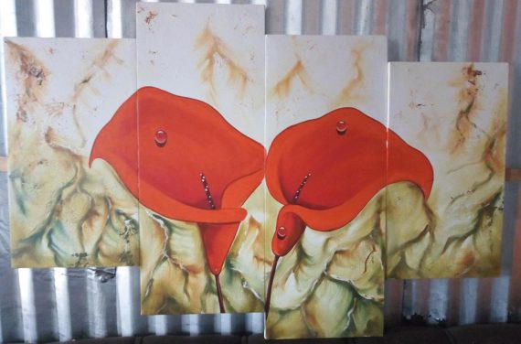 5 Series on canvas RedFlower Painting wall Hanging