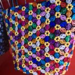 FLOWERED CERAMIC BEADED HANDBAG WITH WOVEN HANDLE