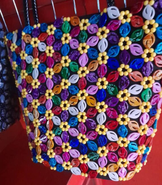 FLOWERED CERAMIC BEADED HANDBAG WITH WOVEN HANDLE
