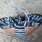 Raffian ankara Shoping or travel Basket leather handle