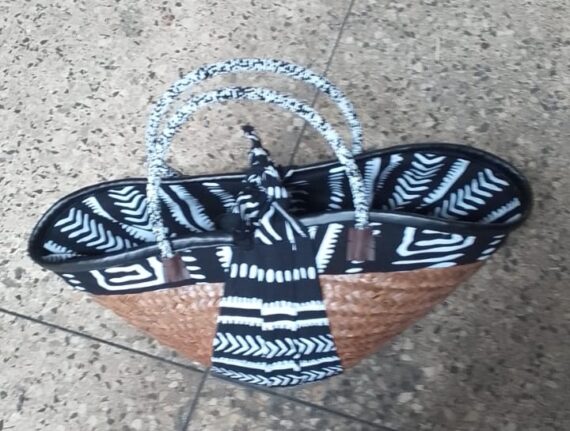 Raffian ankara Shoping or travel Basket leather handle