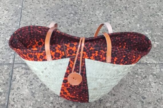 Raffian ankara Shoping or travel Basket with leather Handle