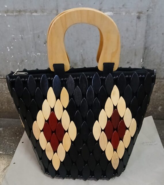 Designed Wooden Oval Bead Bag Wooden Handle Kenya made